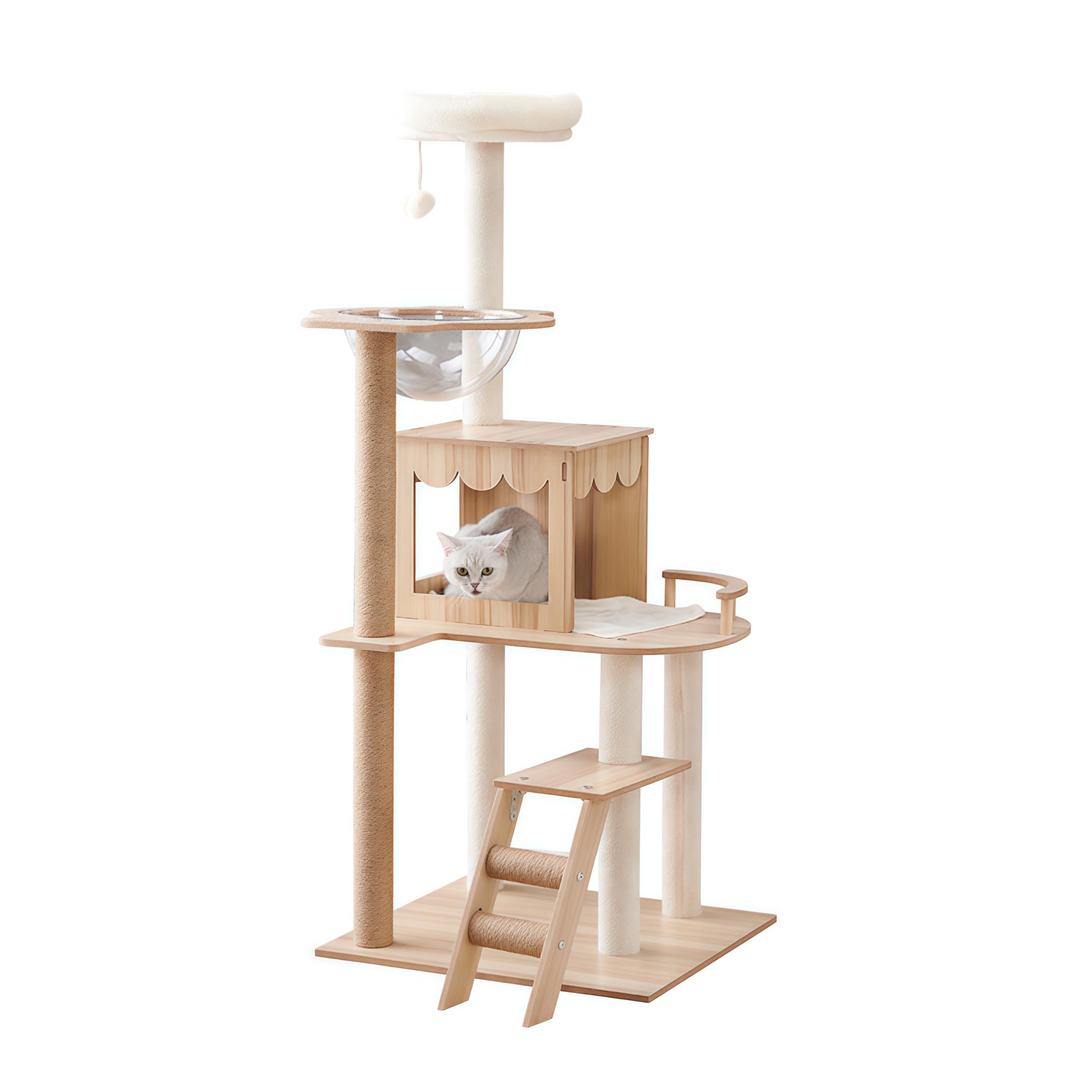 Aj Living Деревянный Кошачий Комплекс Кошачий Комплекс Кошка Кошачий Комплекс Кошачий Комплекс с Вращающейся Игровой Площадкой Компактный Кошачий Комплекс Отдельно Стоящий Гамак Натуральный Джутовый Канат Большой слоновая кость